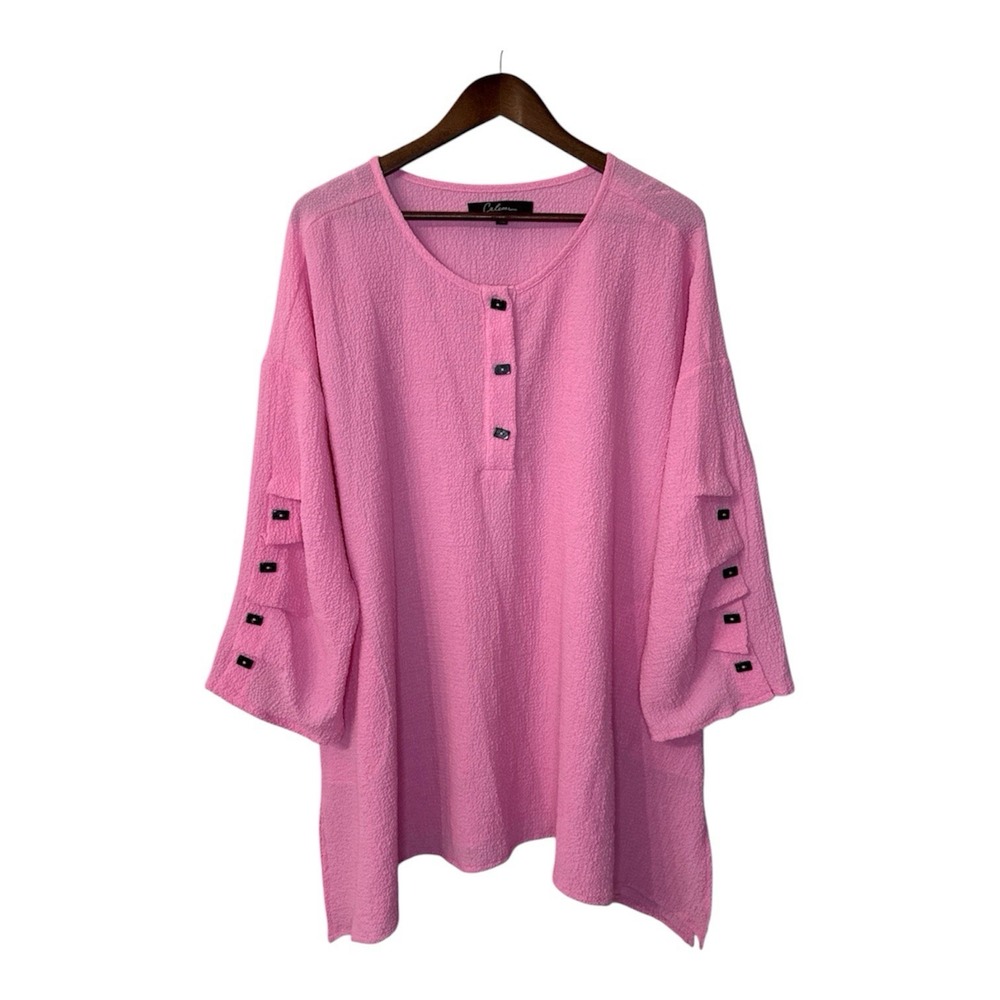 Calessa tunic blouse women's 1X pink ruffle textured gauzy boho art coquette